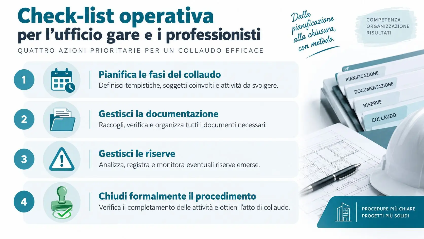 Check-list operativa con quattro azioni prioritarie per la gestione efficiente del collaudo tecnico amministrativo di un'opera.