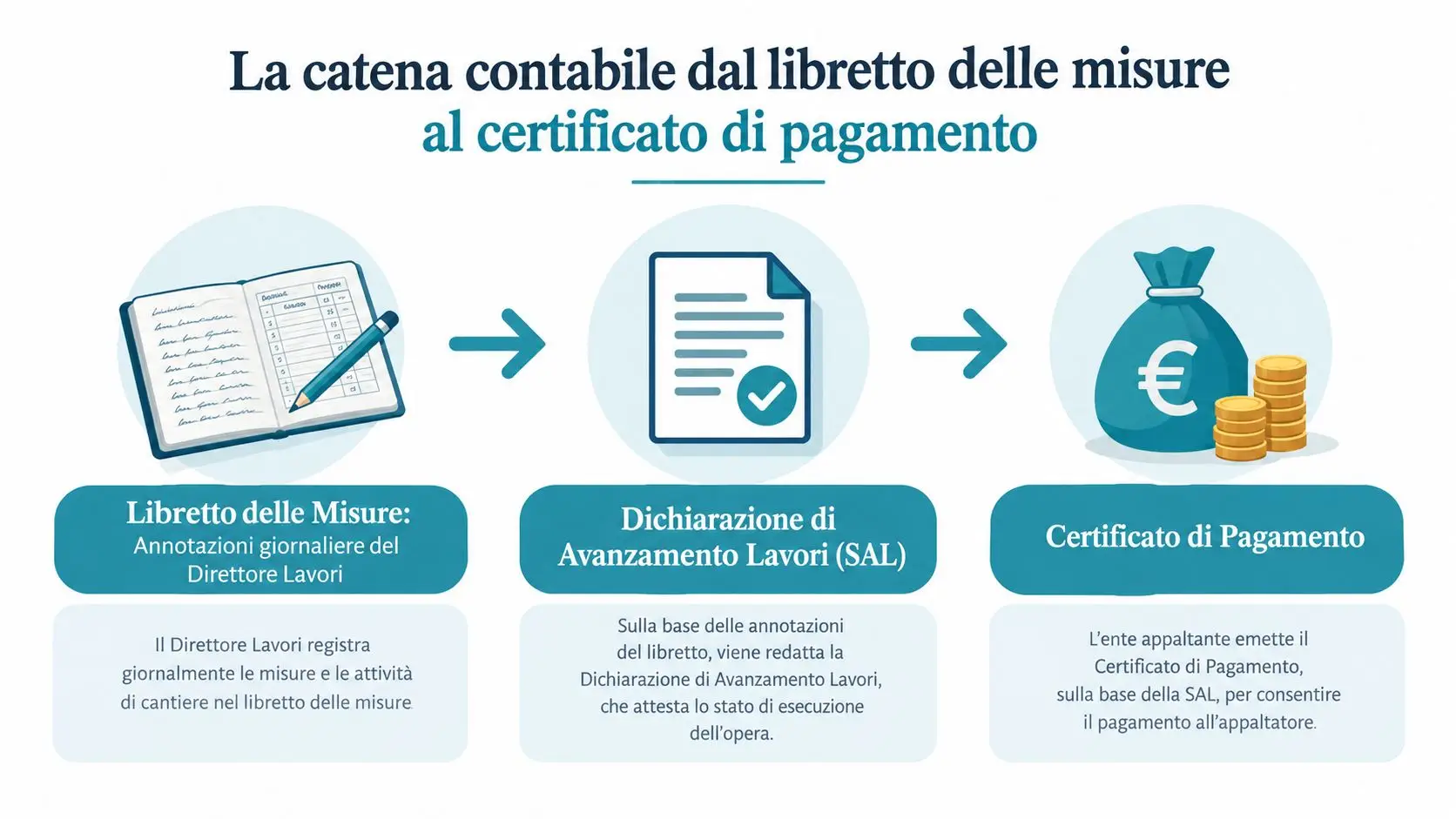 Diagramma che illustra il processo contabile dal libretto delle misure al certificato di pagamento nei lavori.