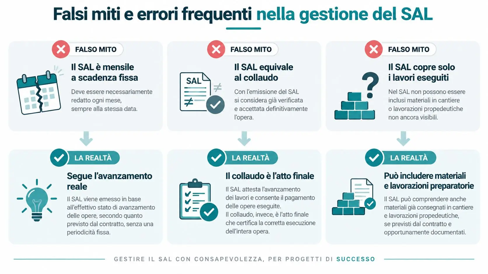 Infografica che illustra falsi miti e realtà riguardanti la gestione del documento Stato Avanzamento Lavori (SAL).