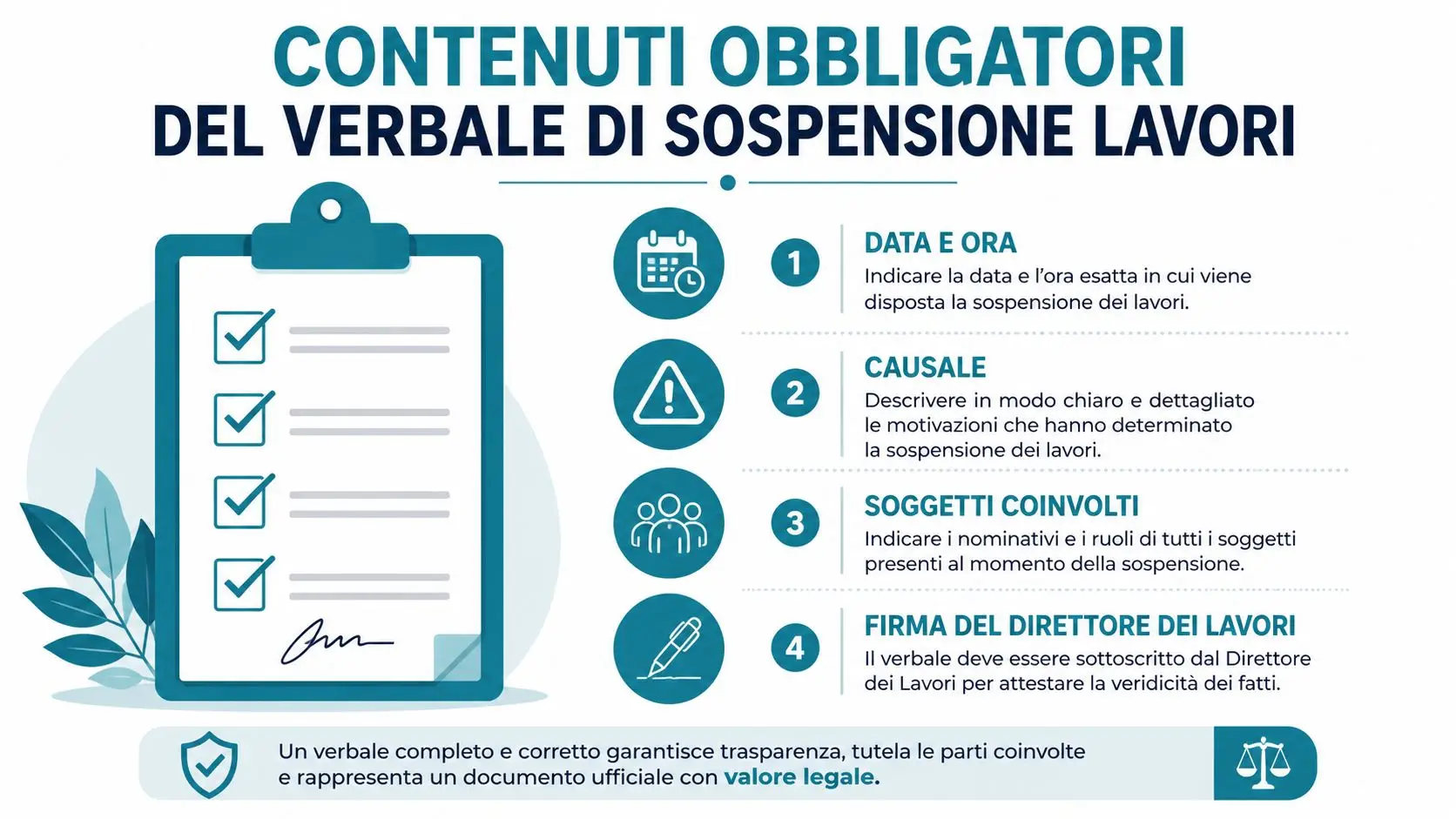 Infografica con i contenuti obbligatori per redigere correttamente un verbale di sospensione lavori in cantiere.