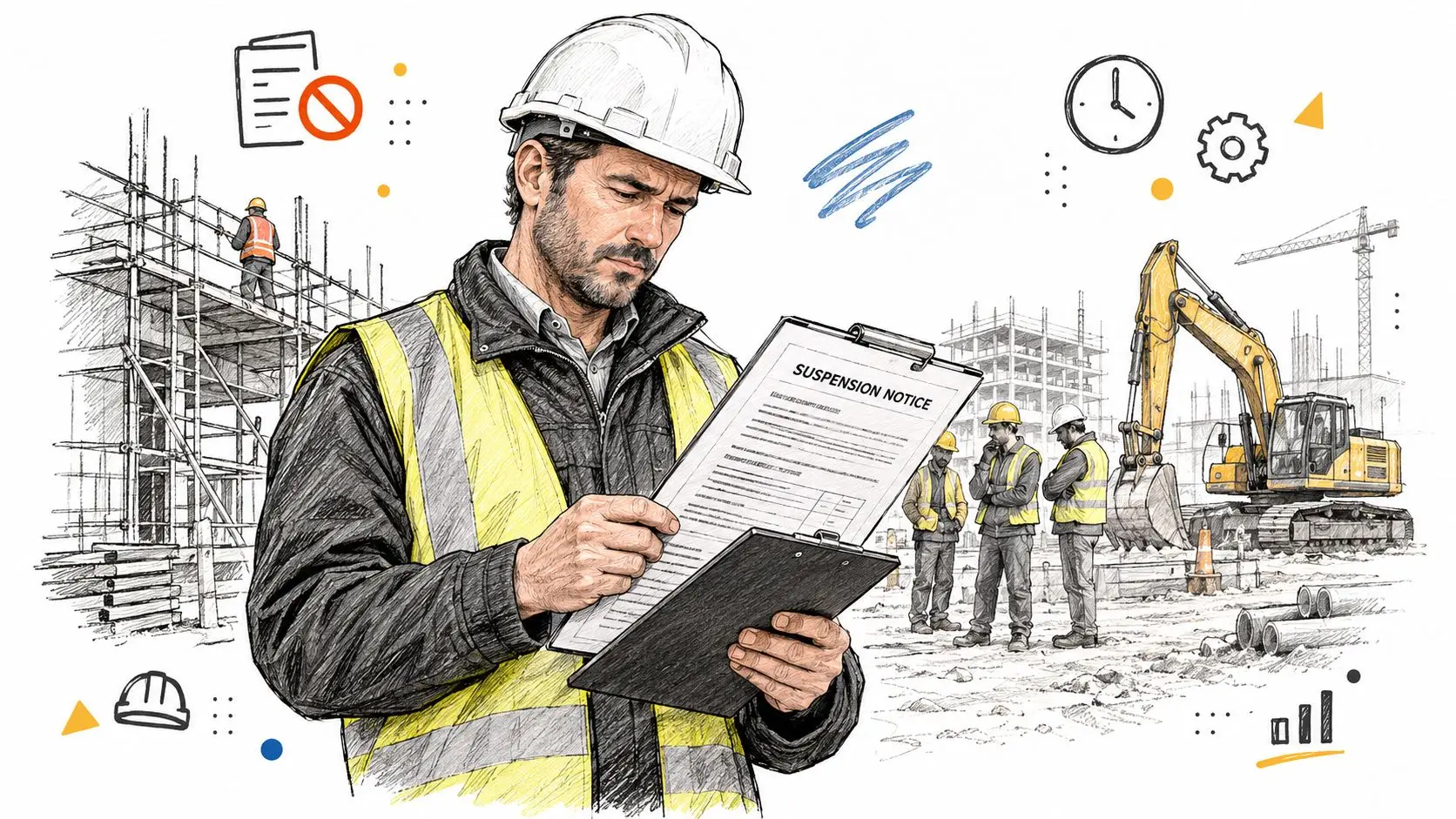 Un ingegnere edile esamina un verbale di sospensione lavori in un cantiere con operai e macchinari pesanti.
