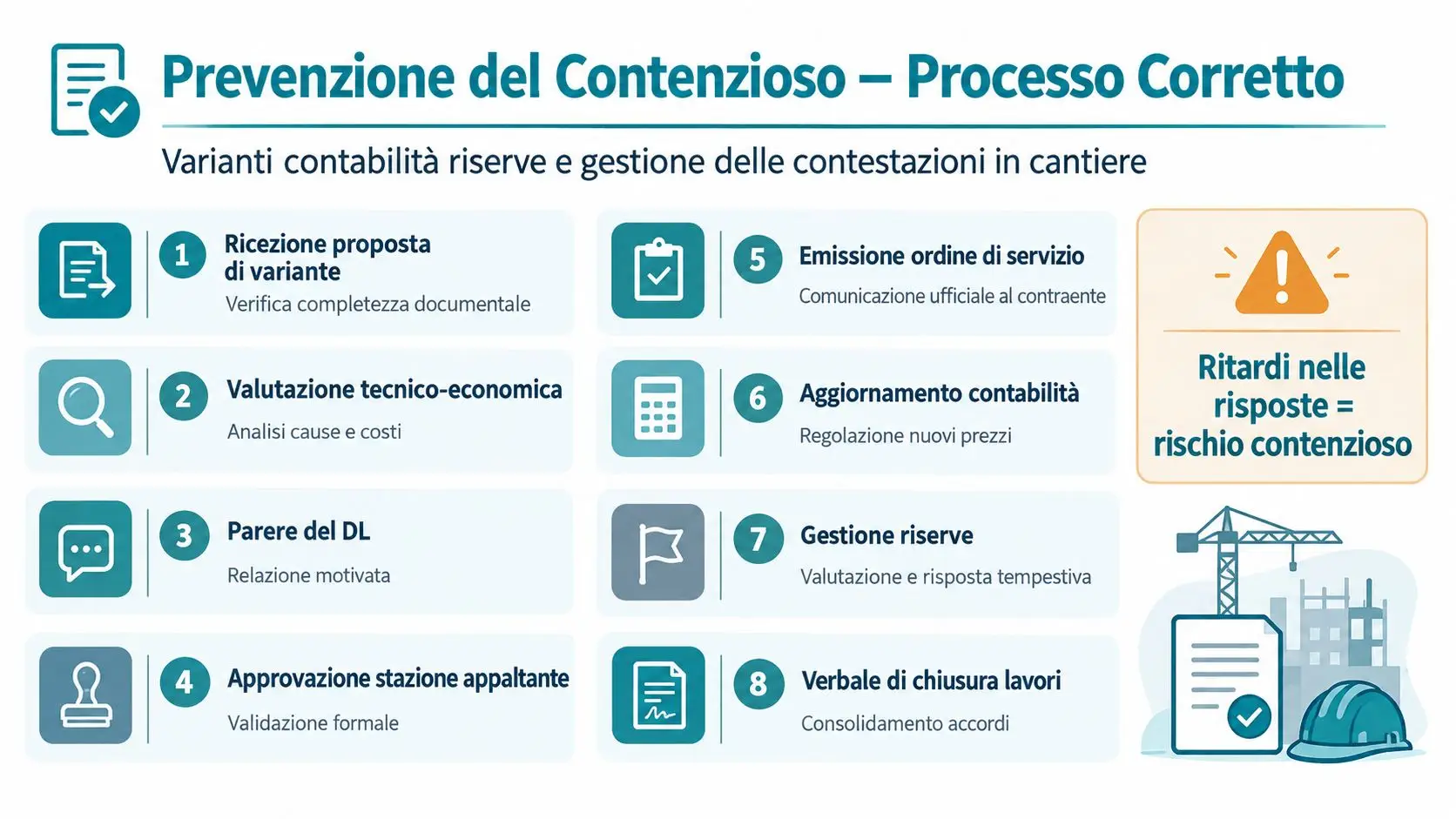 Processo per la prevenzione del contenzioso e gestione delle varianti contabili in cantiere con otto fasi.